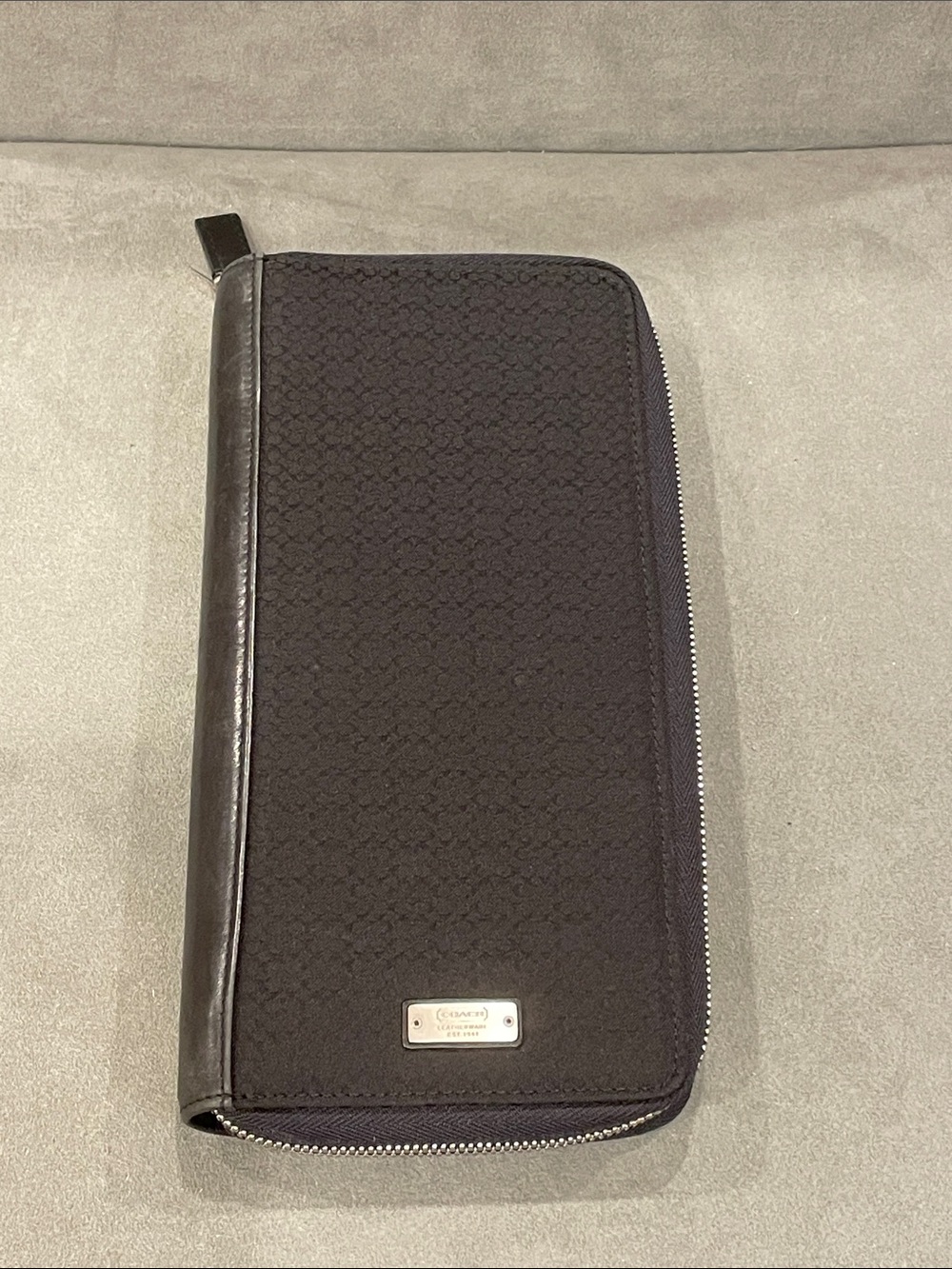 Coach Black Signature Zip-Around Travel Wallet Passport Leather Small C Textile